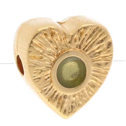 10x9 mm ribbed heart bead with epoxy resin roundel - Fine gold plated - Pale green