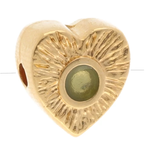 10x9 mm ribbed heart bead with epoxy resin roundel - Fine gold plated - Pale green