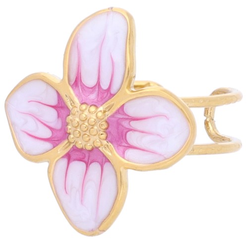 Flower ring 23x21 mm with epoxy resin - 304L Gold stainless steel - Pink pearl x1