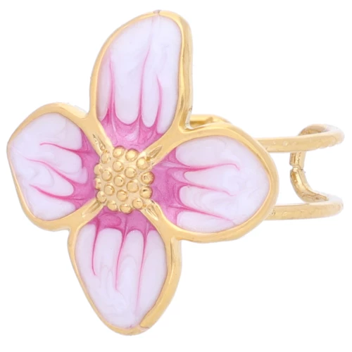 Flower ring 23x21 mm with epoxy resin - 304L Gold stainless steel - Pink pearl x1