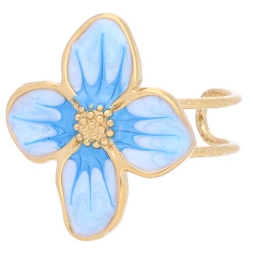 Flower ring 23x21 mm with epoxy resin - 304L gold-plated stainless steel - Light blue pearl