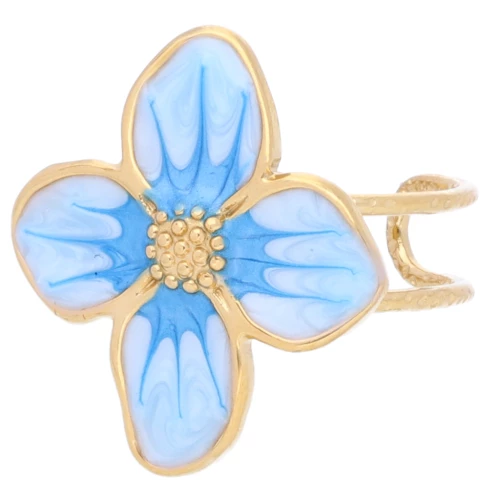 Flower ring 23x21 mm with epoxy resin - 304L gold-plated stainless steel - Light blue pearl