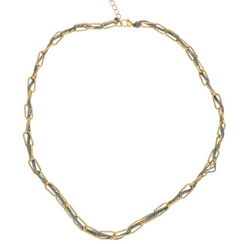 Rectangle 6 mm mesh necklace with intertwined wires 304L stainless steel Gold - Blue x45cm