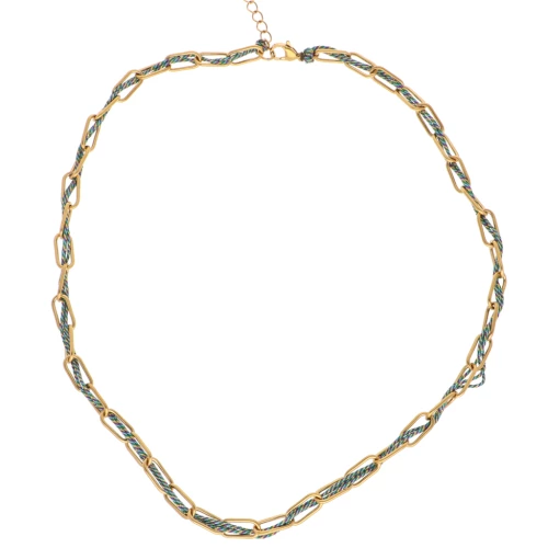 Rectangle 6 mm mesh necklace with intertwined wires 304L stainless steel Gold - Blue x45cm