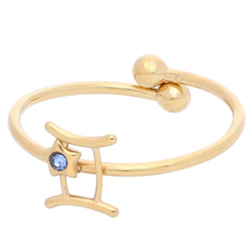 Adjustable ring zodiac sign - Gemini Stainless steel 304L Gilded - Light Sapphire