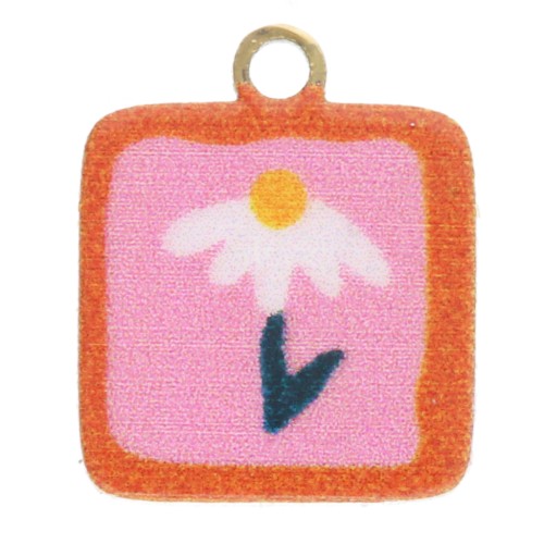 Square charm 9.5x8 mm UV print - Flower - Stainless steel 304L Gold - Rose x1