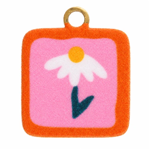 Square charm 9.5x8 mm UV print - Flower - Stainless steel 304L Gold - Rose x1