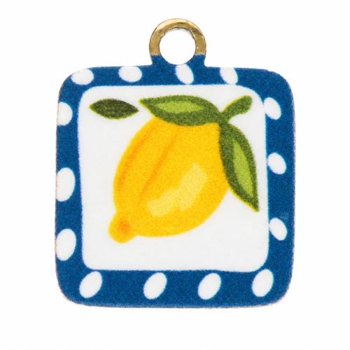 Square charm 9.5x8 mm UV print - Lemon - Stainless steel 304L Gilded - Yellow x1