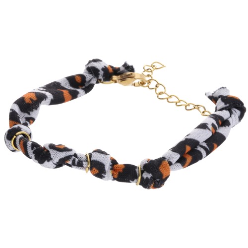 Knotted Fabric Bracelet with 3 Rings - 304L Gold Stainless Steel - Leopard x18cm