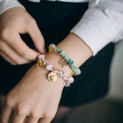 Fabric flower bracelet tied with 3 rings - Stainless steel 304L Gilded - White x18cm