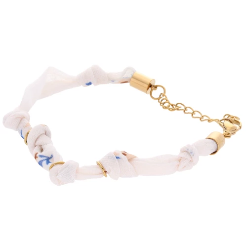 Fabric flower bracelet tied with 3 rings - Stainless steel 304L Gilded - Ivory x18cm