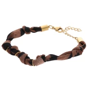 Knotted fabric bracelet with 3 rings - Stainless steel 304L Gold - Brown - Black x18cm