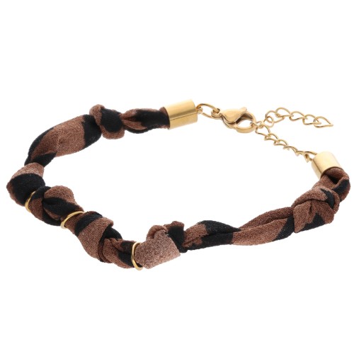 Knotted fabric bracelet with 3 rings - Stainless steel 304L Gold - Brown - Black x18cm