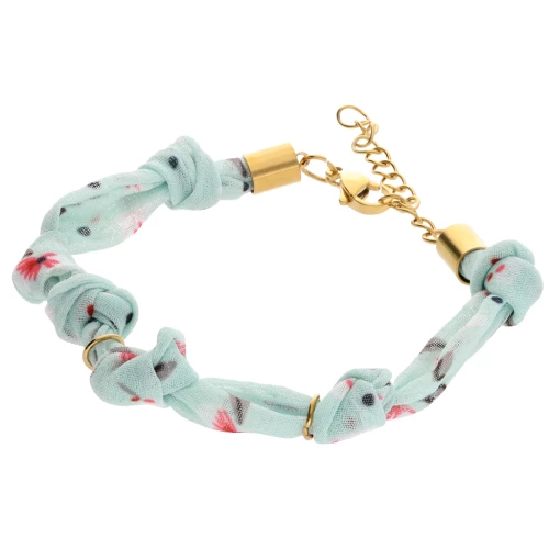 Fabric flower bracelet tied with 3 rings - Stainless steel 304L Gilded - Mint x18cm