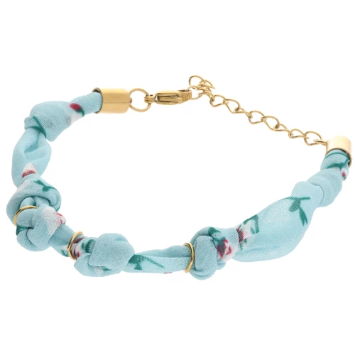 Fabric flower bracelet tied with 3 rings - Stainless steel 304L Gilded - Blue x18cm