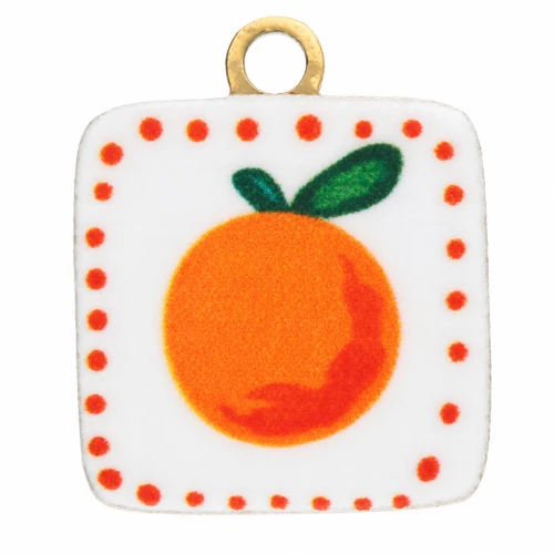 Square charm 9.5x8 mm UV print - Orange - Stainless steel 304L Gilded - White x1