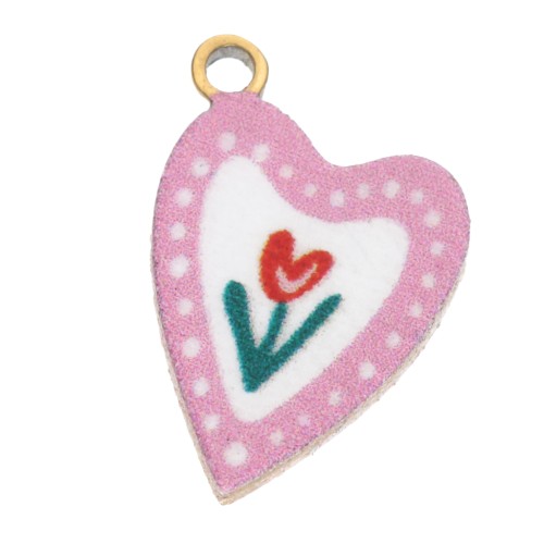 Heart charm 12x8 mm UV print - Tulip - Stainless steel 304L Gold - Rose x1