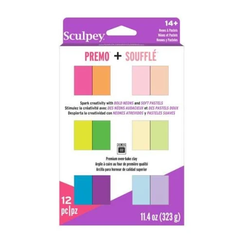 Assortment of 12 Premo and Soufflé clay colors - Neon and Pastel