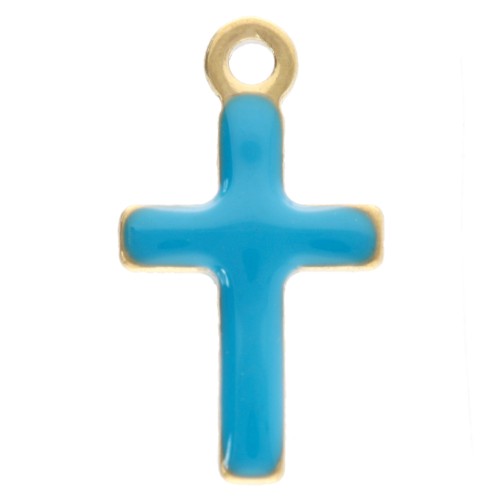 Cross charms 10x5.5 mm with epoxy resin - 304 Gold stainless steel - Blue x4