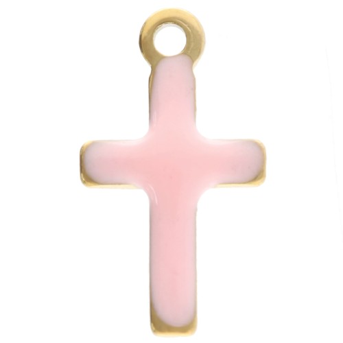 Cross charms 10x5.5 mm with epoxy resin - 304 Gold stainless steel - Light pink x4