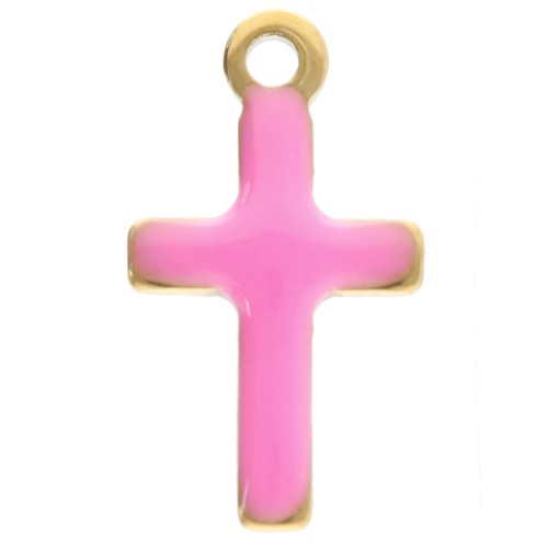 Cross charms 10x5.5 mm with epoxy resin - 304 Gold stainless steel - Neon pink x4