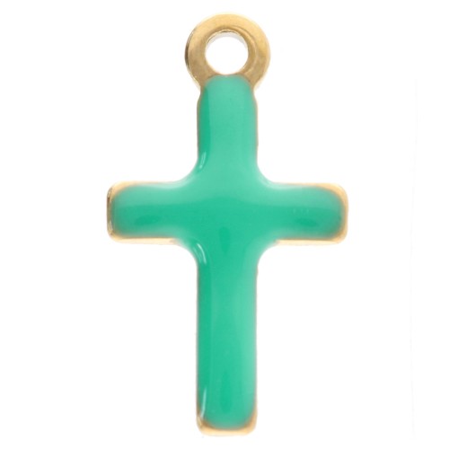 Cross charms 10x5.5mm with epoxy resin - 304 stainless steel Gold turquoise green x4
