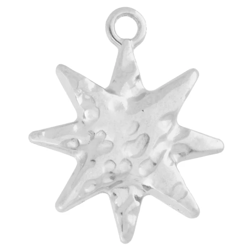 Hammered North Star charm 16 mm - Antique fine silver plated x1