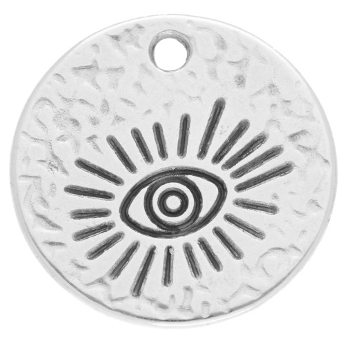 Round hammered eye pattern pendant - 19.5 mm - Antique fine silver plated x1