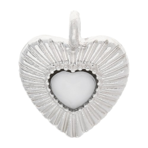 Heart charm 18x14.5 mm with glass heart - Silver plated - Opal x1