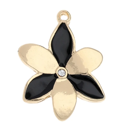 Flower charm 20x15 mm with epoxy resin and rhinestones - Gold - Black x1