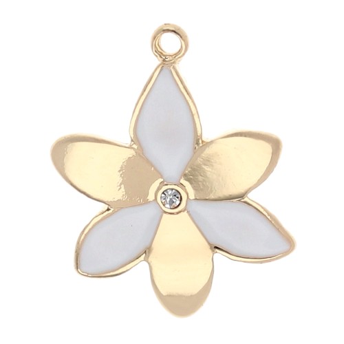 Flower charm 20x15 mm with epoxy resin and rhinestones - Gold - White x1