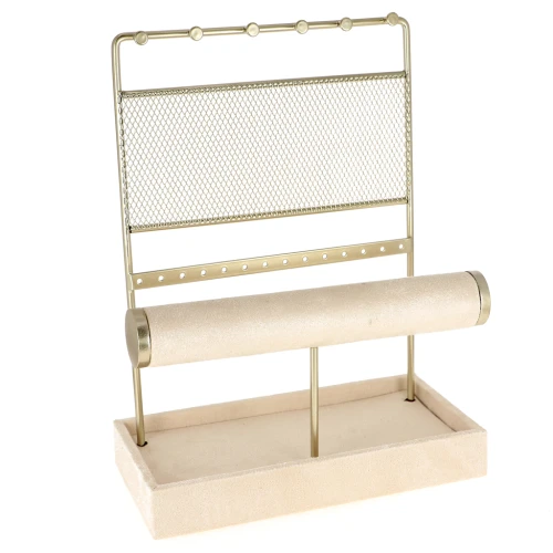 Jewelry holder - 27.5x21 cm jewelry display in gold metal and Beige suede x1