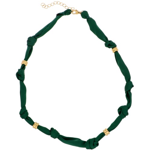 Fabric necklace with 304 stainless steel beads - Forest green x47cm