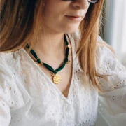 Fabric necklace with 304 stainless steel beads - Forest green x47cm