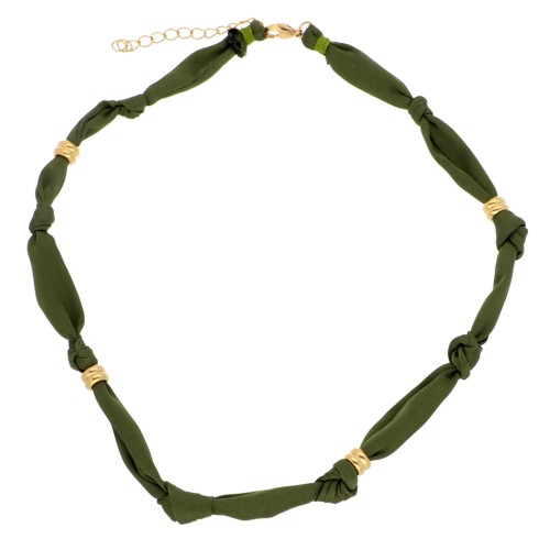 Fabric necklace with 304 stainless steel beads - Khaki x47cm