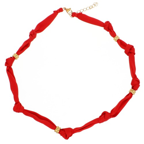 Fabric necklace with 304 stainless steel beads - Red x47cm