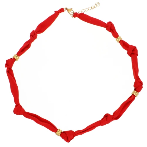 Fabric necklace with 304 stainless steel beads - Red x47cm