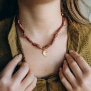 Fabric necklace with 304 stainless steel beads - Dark brown x47cm