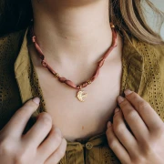 Fabric necklace with 304 stainless steel beads - Hazelnut x47cm