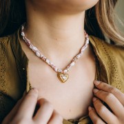 Stainless steel braided necklace 304 Gold - White - Pink x40 cm