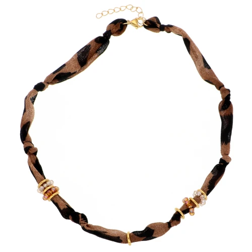 Leopard knotted fabric necklace - faceted beads and stainless steel 304 Gold x41cm