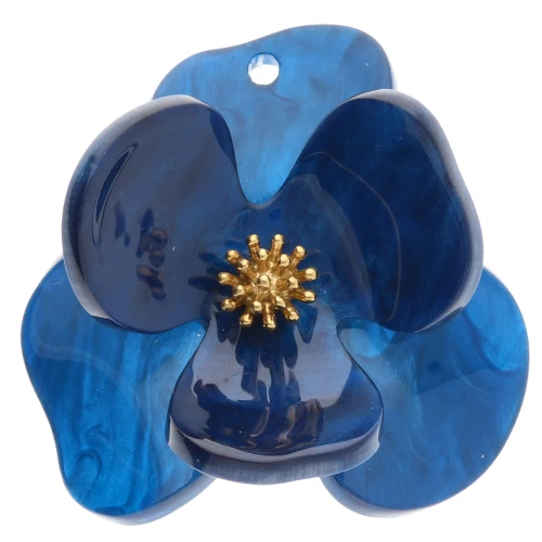 Relief flower pendants 40 mm Acrylic Stainless steel Gold Royal Blue marbled x2