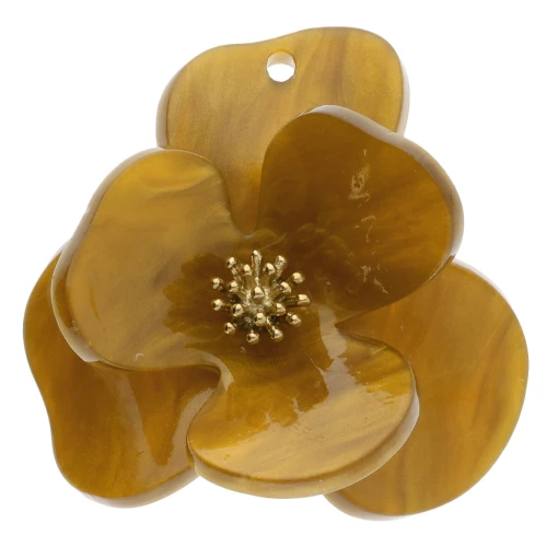 Relief flower pendants 40 mm in Acrylic Stainless steel Gilded Mustard marbled x2