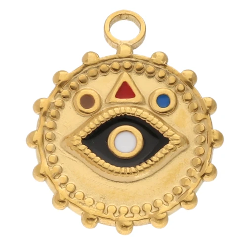 Round 22mm eye and epoxy resin pattern pendant - 304 Gold stainless steel - Multicolored