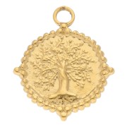 19 mm round pendant with tree of life pattern - 304 stainless steel, gold-plated x1|raw }}