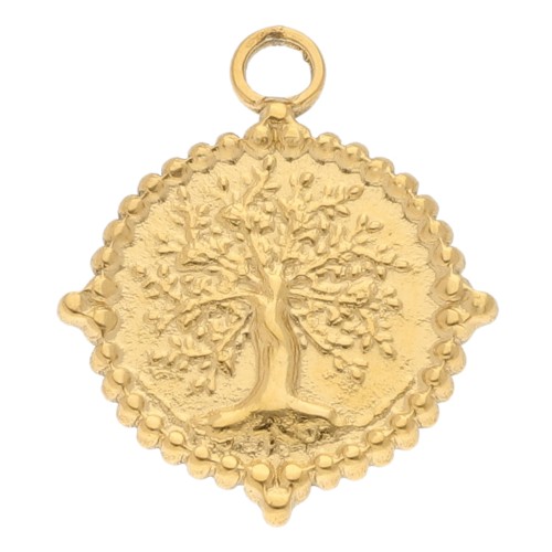 19 mm round pendant with tree of life pattern - 304 stainless steel, gold-plated x1