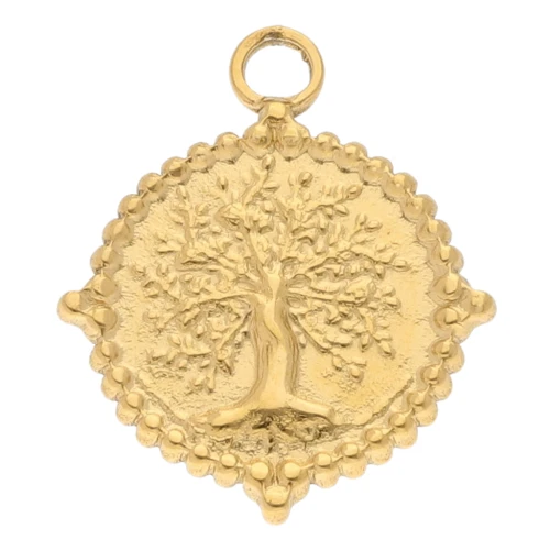 19 mm round pendant with tree of life pattern - 304 stainless steel, gold-plated x1