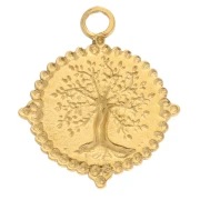 19 mm round pendant with tree of life pattern - 304 stainless steel, gold-plated x1