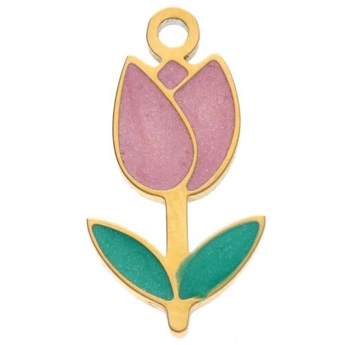 Tulip charm 14x7.5 mm with epoxy resin - Stainless steel 304 Rose Gold - Green x1