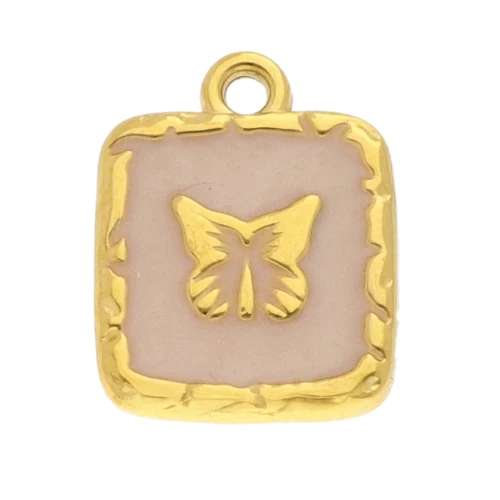 Square charm 15.5x12 mm with butterfly and epoxy pattern - 304 Gold stainless steel - Nude